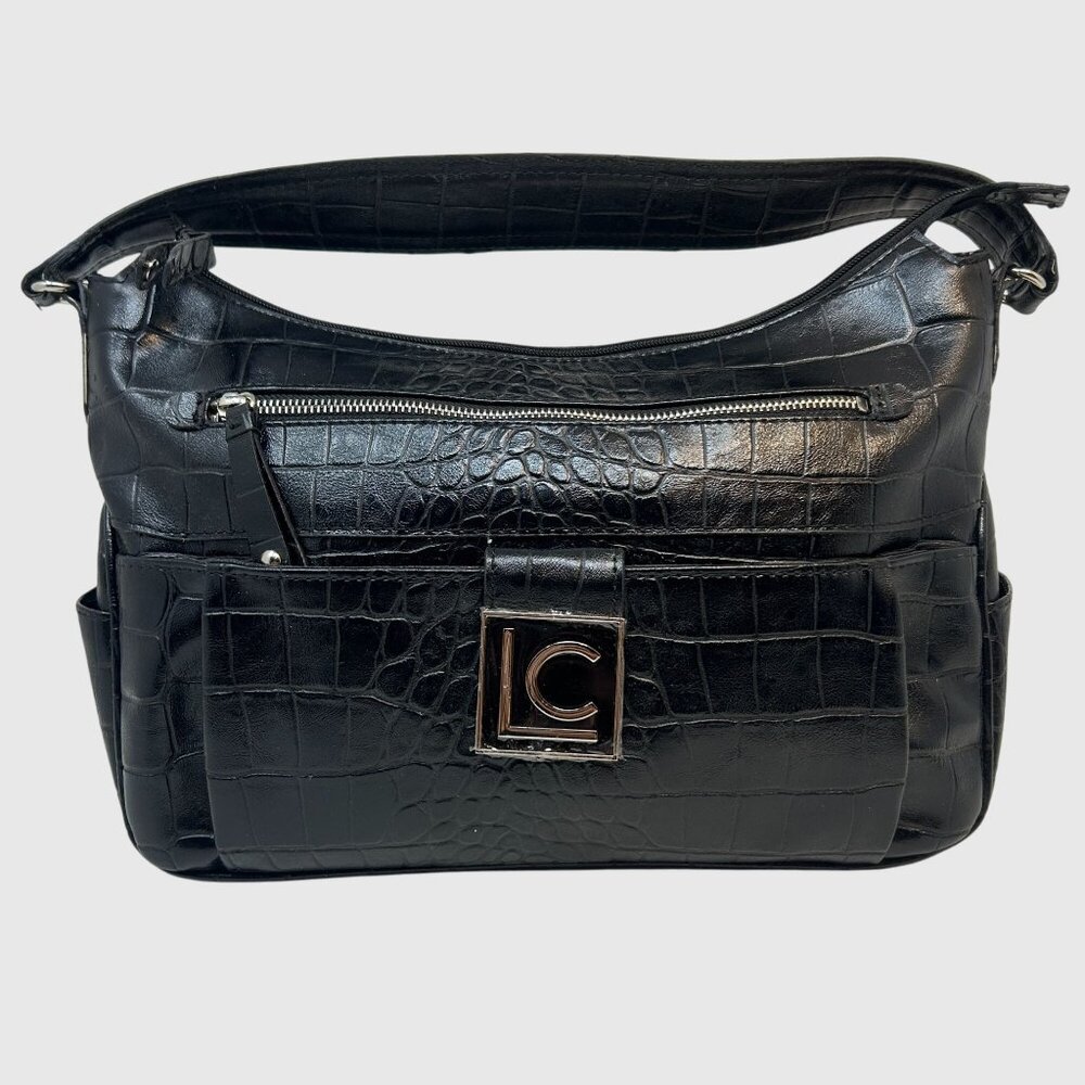 LC Black Faux Croc Embossed Shoulder Bag With Silver Accents & Multiple Pockets
